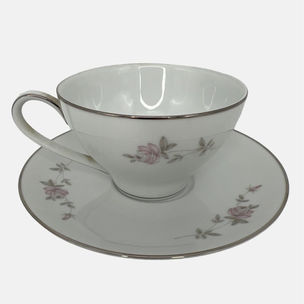 Noritake China Bellemead Flat Cup & Saucer 6314 Japan White Platinum Trim 1960s